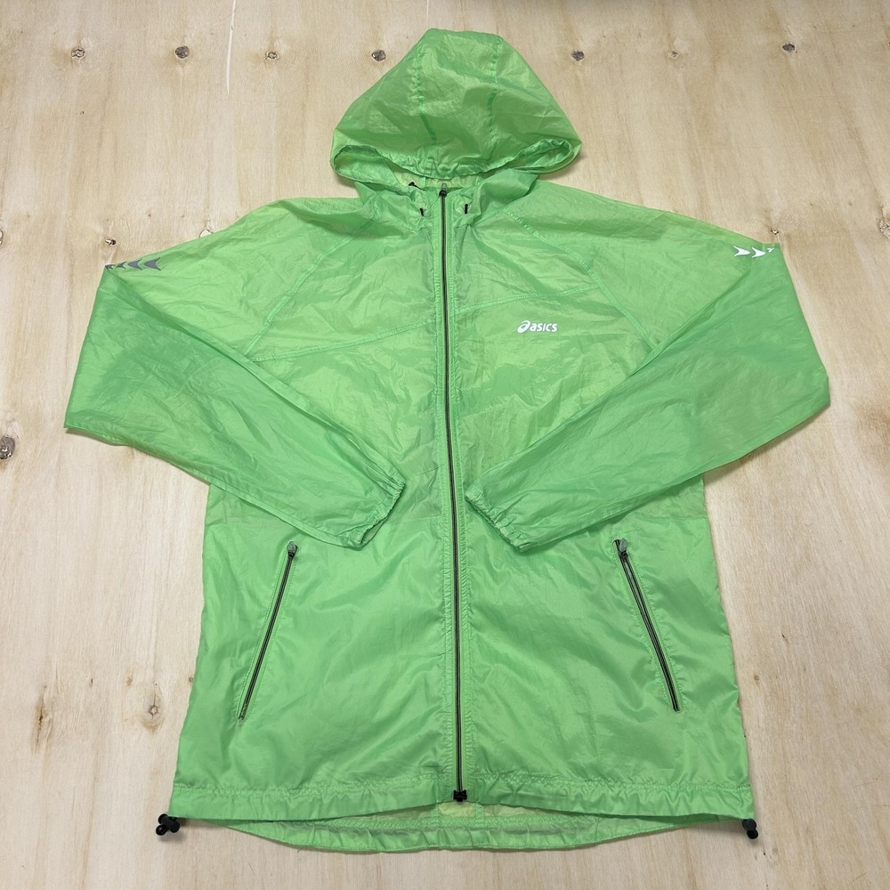 ASICS Windbreaker Jacket Mens Medium Green Hooded Full Zip Running Lightweight